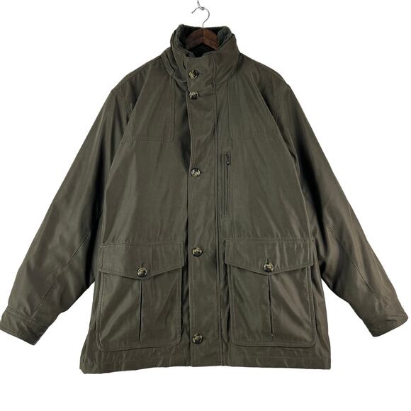 London Fog Field Coat Zip Out Liner Men’s SZ L Olive Green Faux Fur Neck EUC